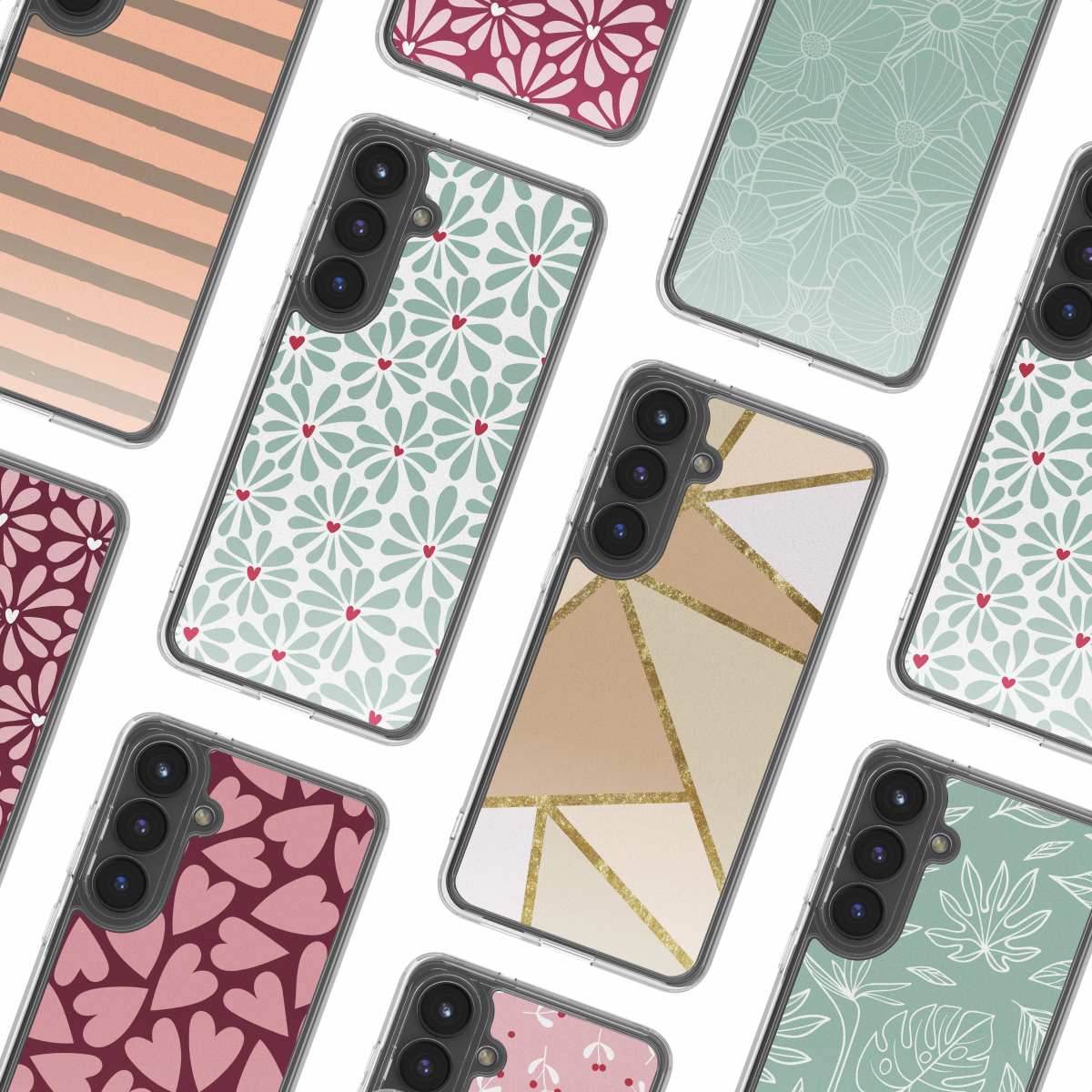 Verscheidenheid aan telefoonhoesjes met verschillende patronen: bloemen, geometrisch, harten en strepen. De hoesjes zijn in verschillende kleuren zoals roze, groen en beige.