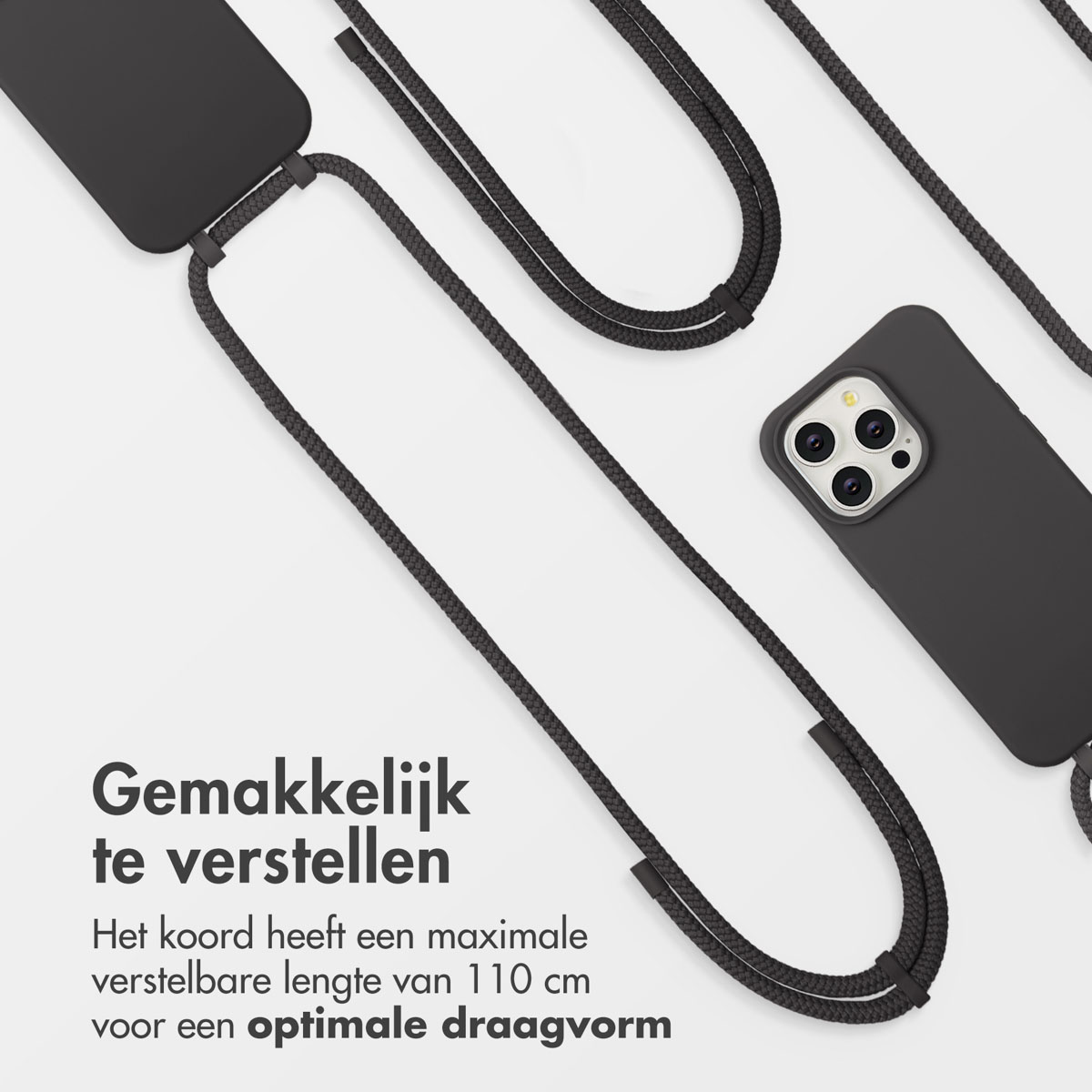 Zwarte telefoonhoes met zwart koord. Nederlandse tekst beschrijft de maximale lengte.