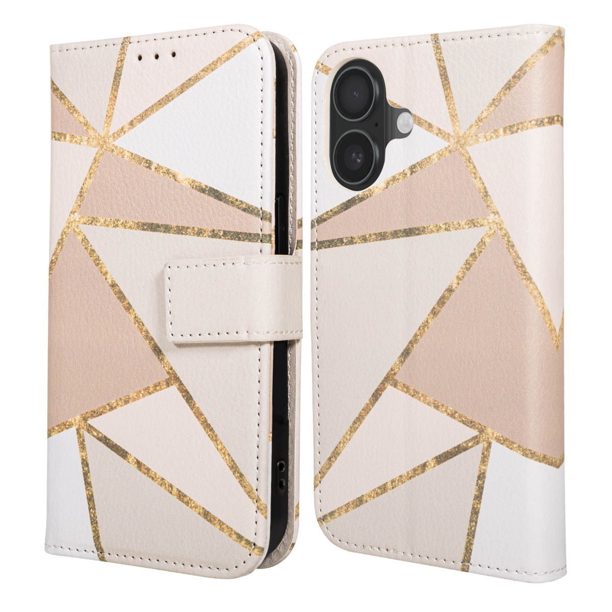 Een telefoonhoesje open en dicht. Het heeft geometrische patronen in wit, beige en goud. De gesloten hoes heeft een sluiting.