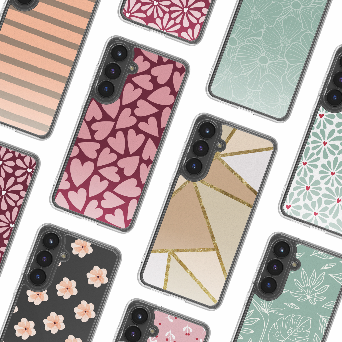 Verscheidenheid aan telefoonhoesjes met verschillende patronen, waaronder harten, bloemen en geometrische ontwerpen. Hoesjes zitten in een transparante beschermhoes.