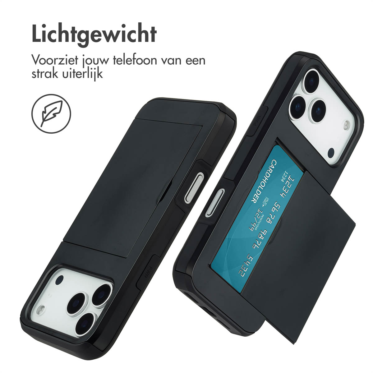 Étuis de téléphone noirs avec porte-cartes. L'un montre une carte. Le texte dit 'Lichtgewicht' et offre un look élégant à votre téléphone.