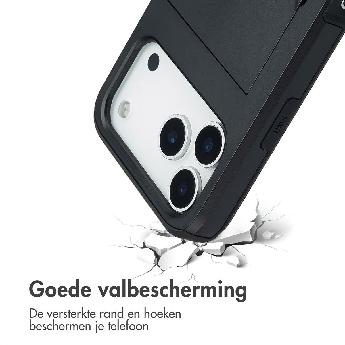 Coque de téléphone noire avec trois objectifs, inclinée vers le bas, fissurant une surface blanche, texte: 'Bonne protection contre les chutes'.