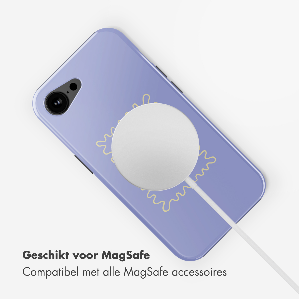Un téléphone violet avec un chargeur MagSafe blanc. Le texte ci-dessous indique, 'Convient pour MagSafe, compatible avec tous les accessoires MagSafe'.