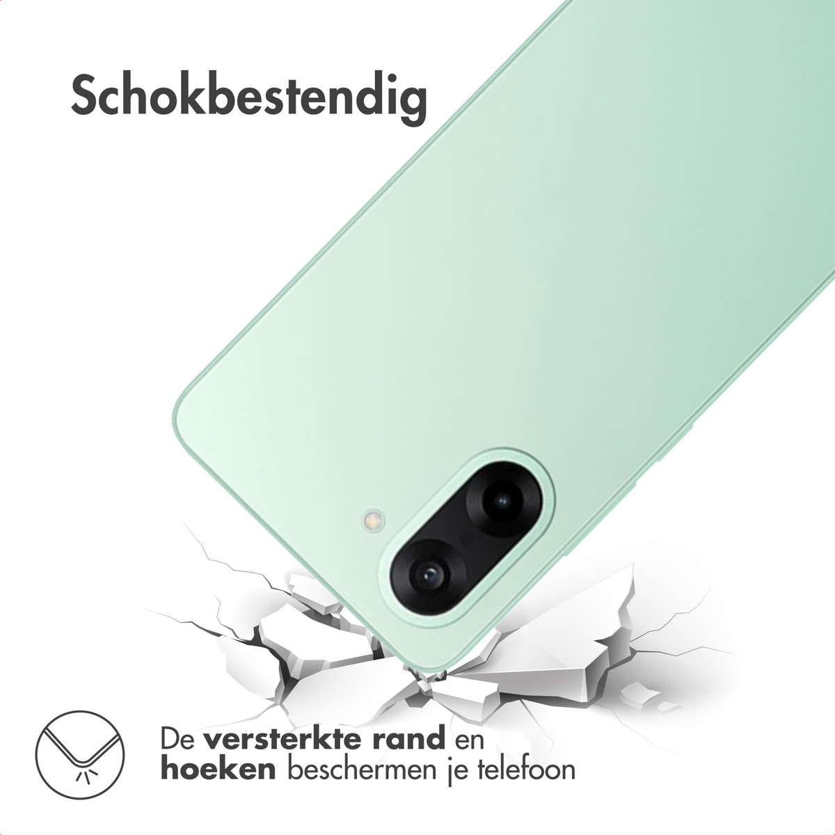 Una custodia per telefono verde menta sembra cadere e rompere il terreno. Il testo dice 'Antishock' e 'I bordi rinforzati proteggono il tuo telefono'.