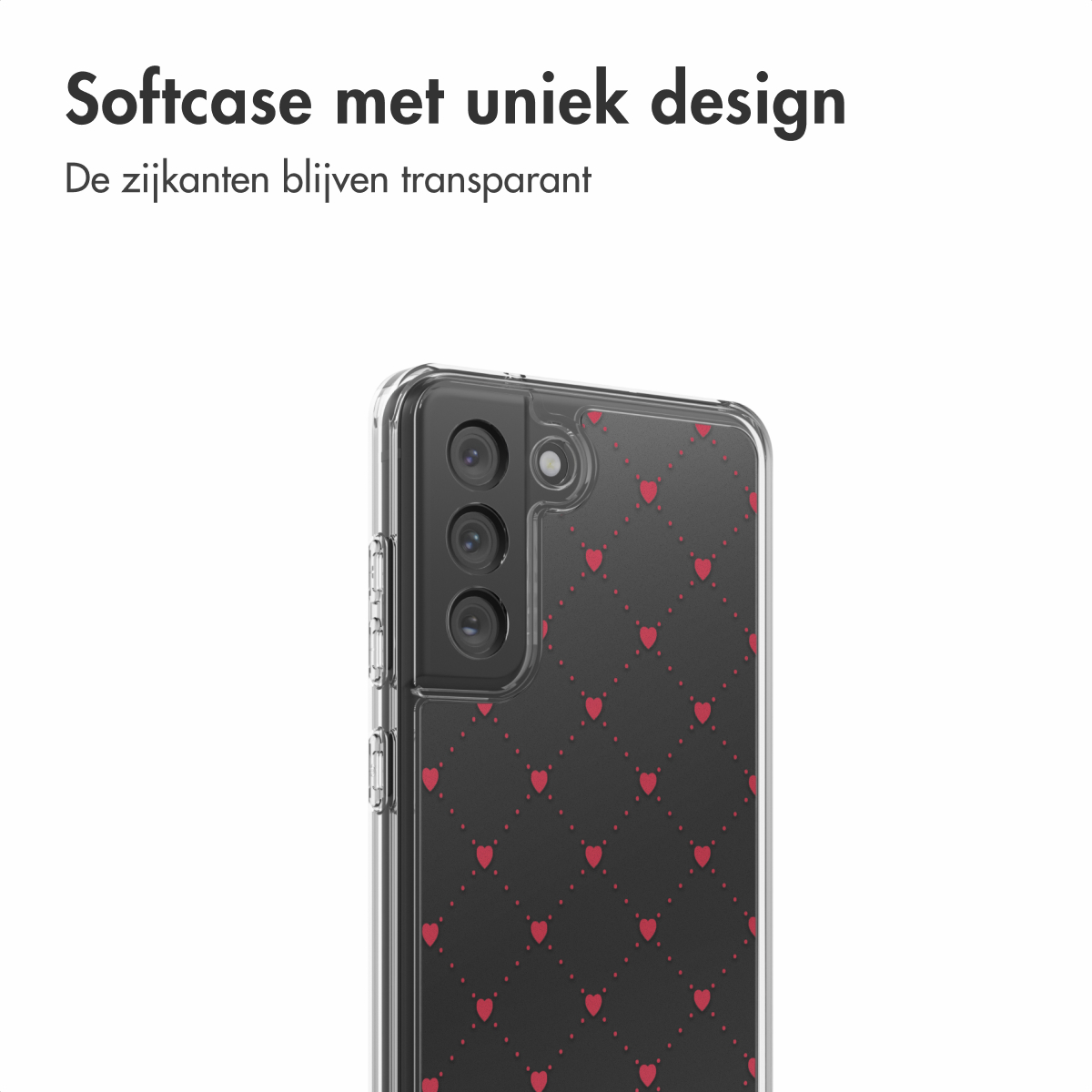 Transparante telefoonhoes met zwarte achtergrond en patroon van rode harten. Telefoon heeft meerdere cameralenzen.
