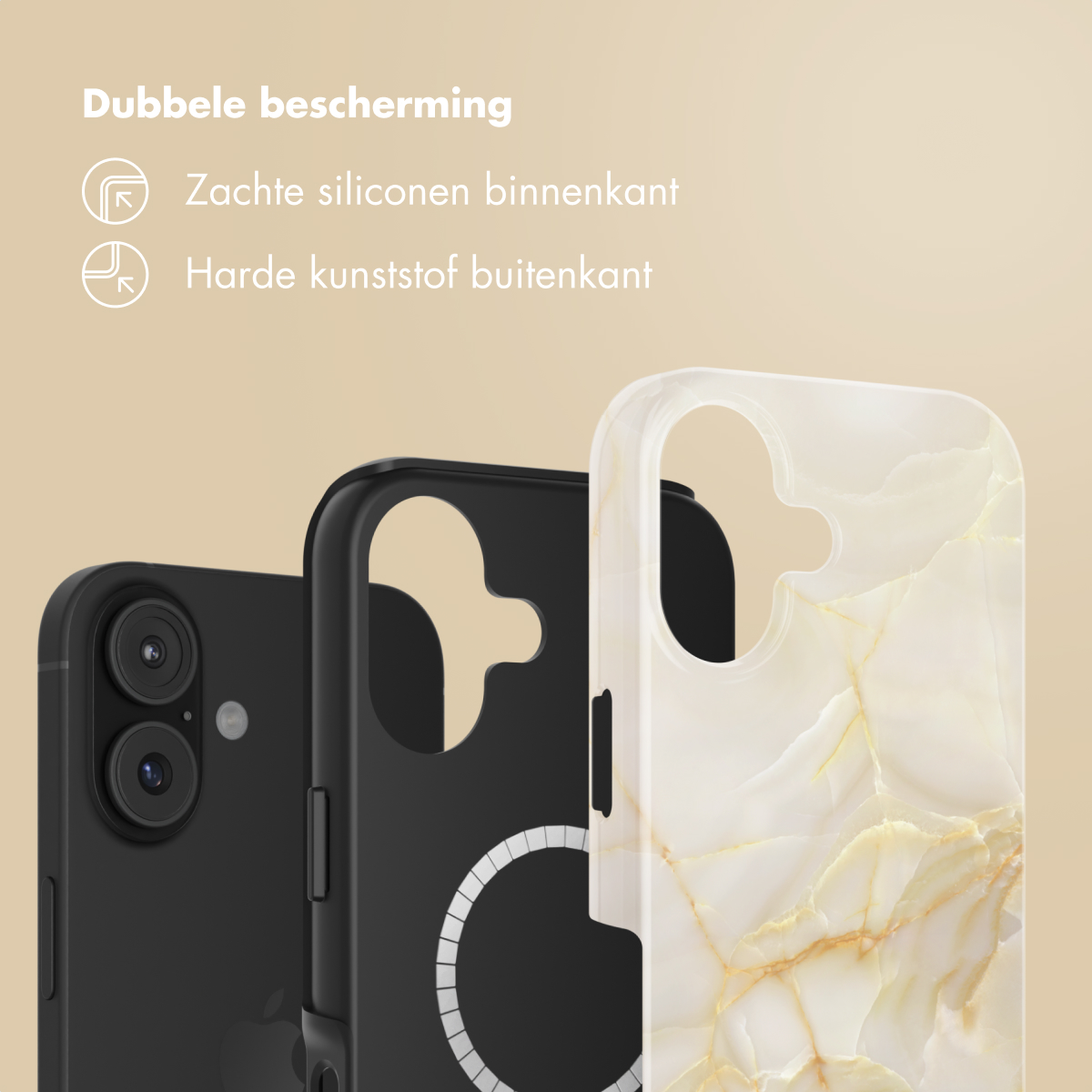Afbeelding toont telefoonhoesjes. Een zwarte telefoonhoes, een zwarte hoes met witte magnetische cirkel en een hoes met marmerpatroon.