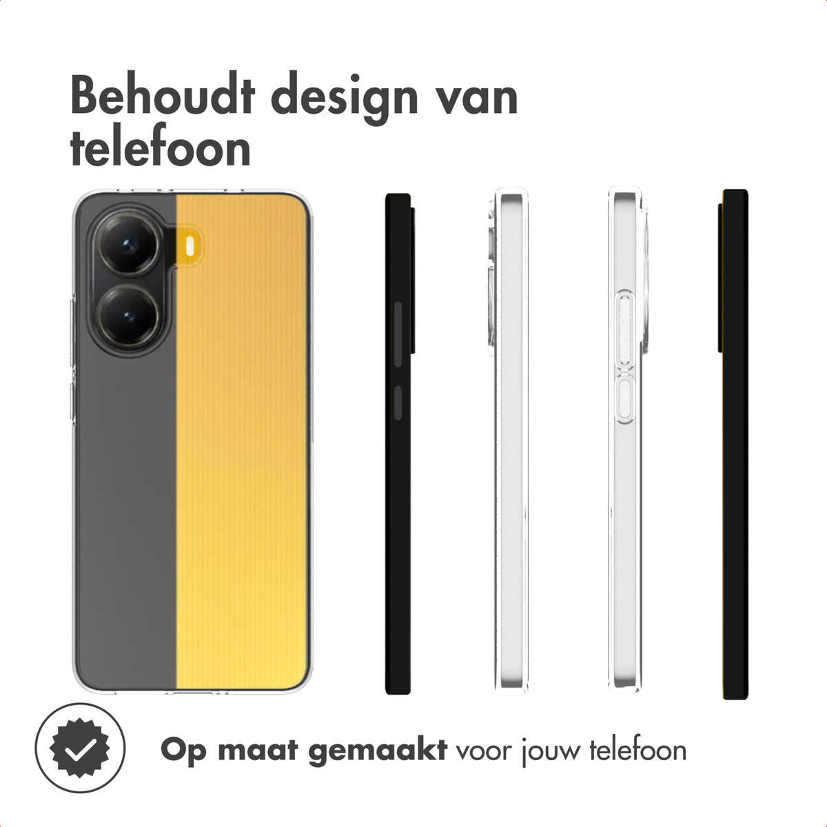 L'image montre des coques de téléphone de différentes couleurs et designs, avec du texte indiquant un ajustement personnalisé et la préservation du design.