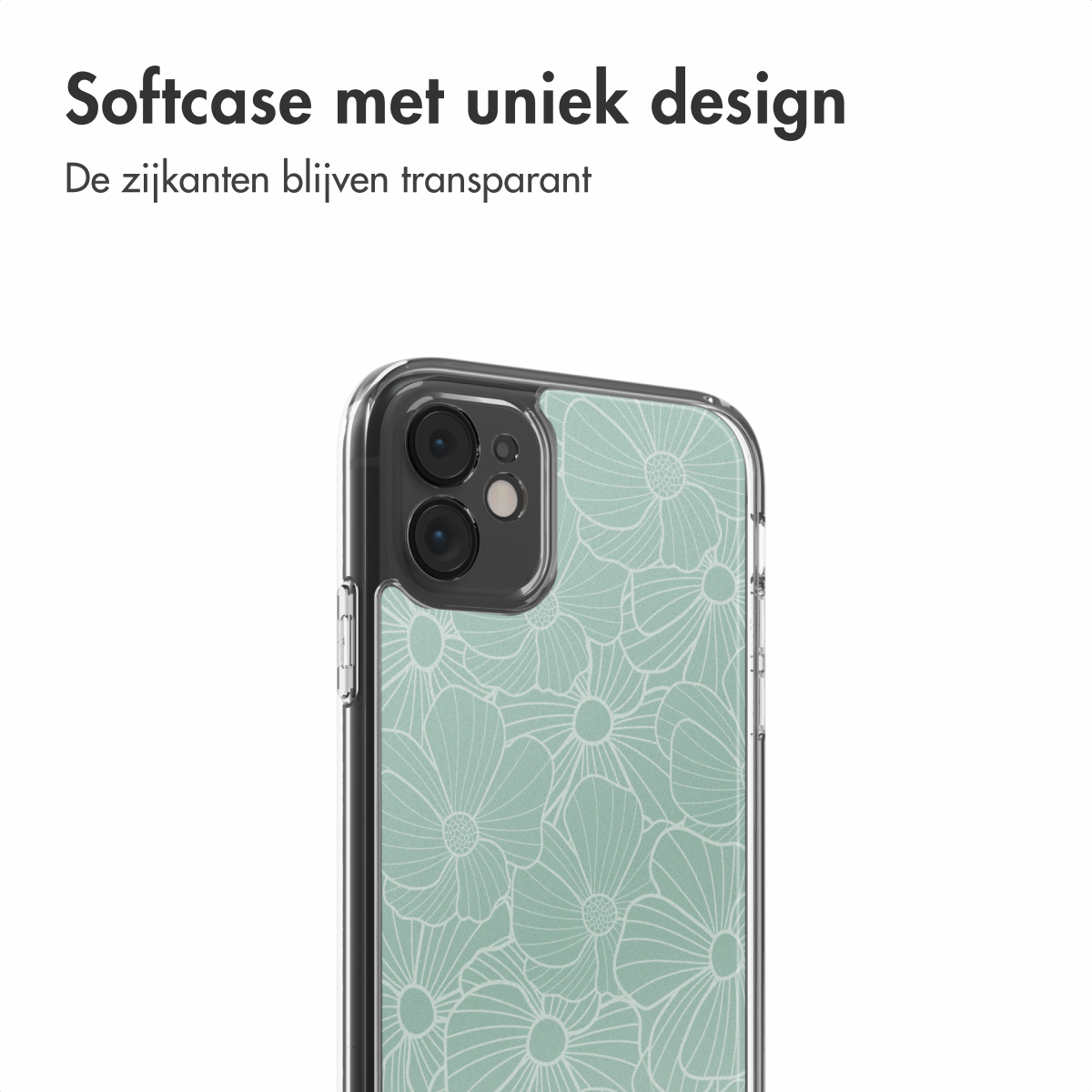 Uno smartphone in una custodia trasparente con un motivo floreale. La custodia ha uno sfondo verde menta con fiori bianchi. Il telefono è nero.