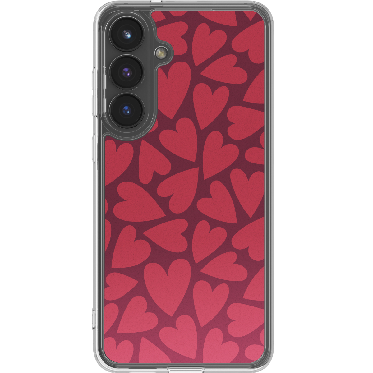 Een smartphonehoesje met een rood hartpatroon op een bordeauxrode achtergrond. De telefoon heeft een doorzichtige rand.