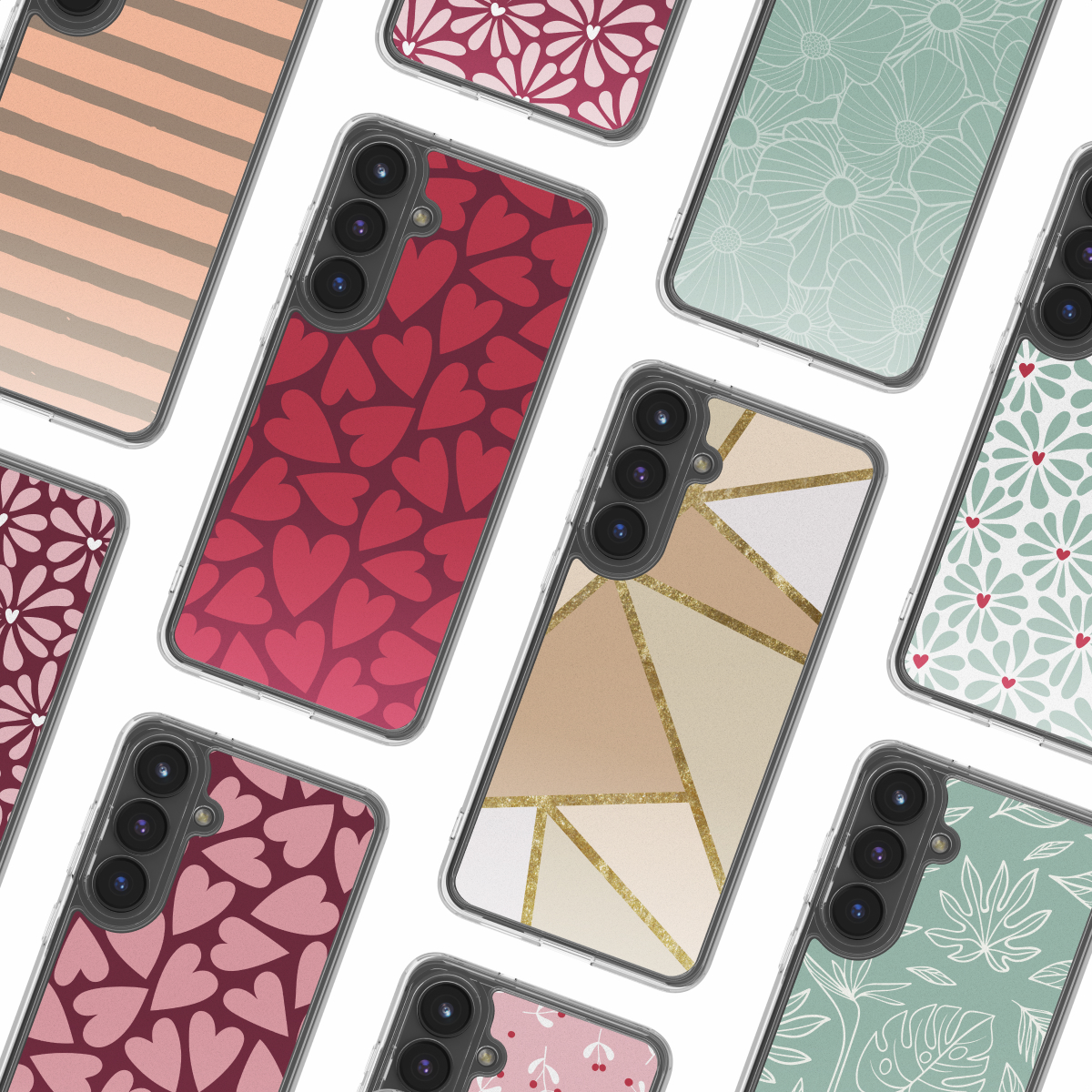 Verzameling telefoonhoesjes met verschillende ontwerpen: harten, bloemen, geometrische patronen. De hoesjes zijn in verschillende kleuren op een witte achtergrond.