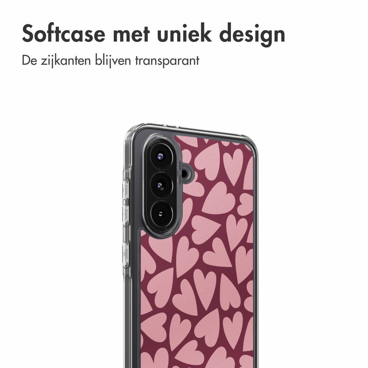 Coque de téléphone transparente avec motif de cœurs roses. Elle comprend une caméra et des côtés transparents. Fond blanc avec texte.