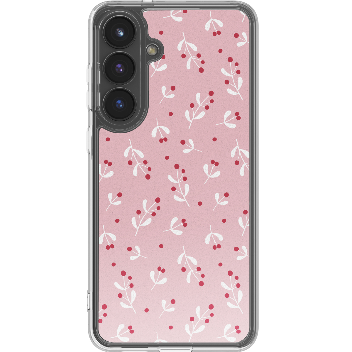 Een smartphone in een hoesje met een roze achtergrond versierd met witte bladeren en rode bessen. De telefoon heeft meerdere cameralenzen.