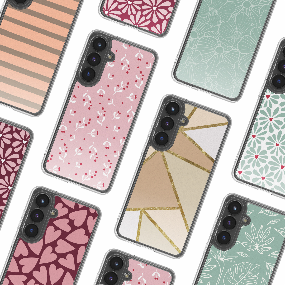 Collectie smartphonehoesjes met diverse designs: bloemen, geometrisch, harten en abstracte patronen in roze, groen en goud.