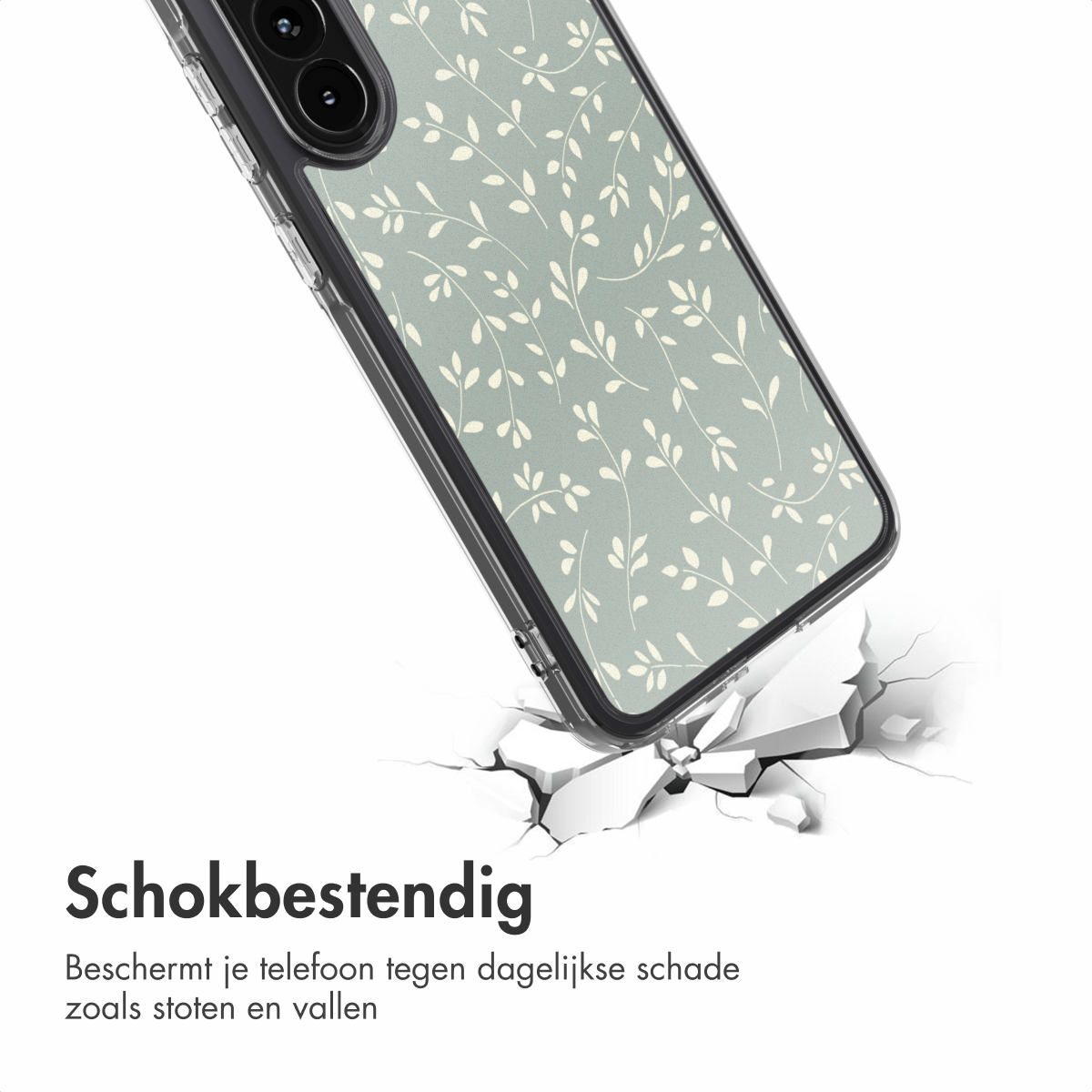 Une coque de téléphone avec un motif floral brise une surface, illustrant la résistance aux chocs. Texte : 'Schokbestendig'.