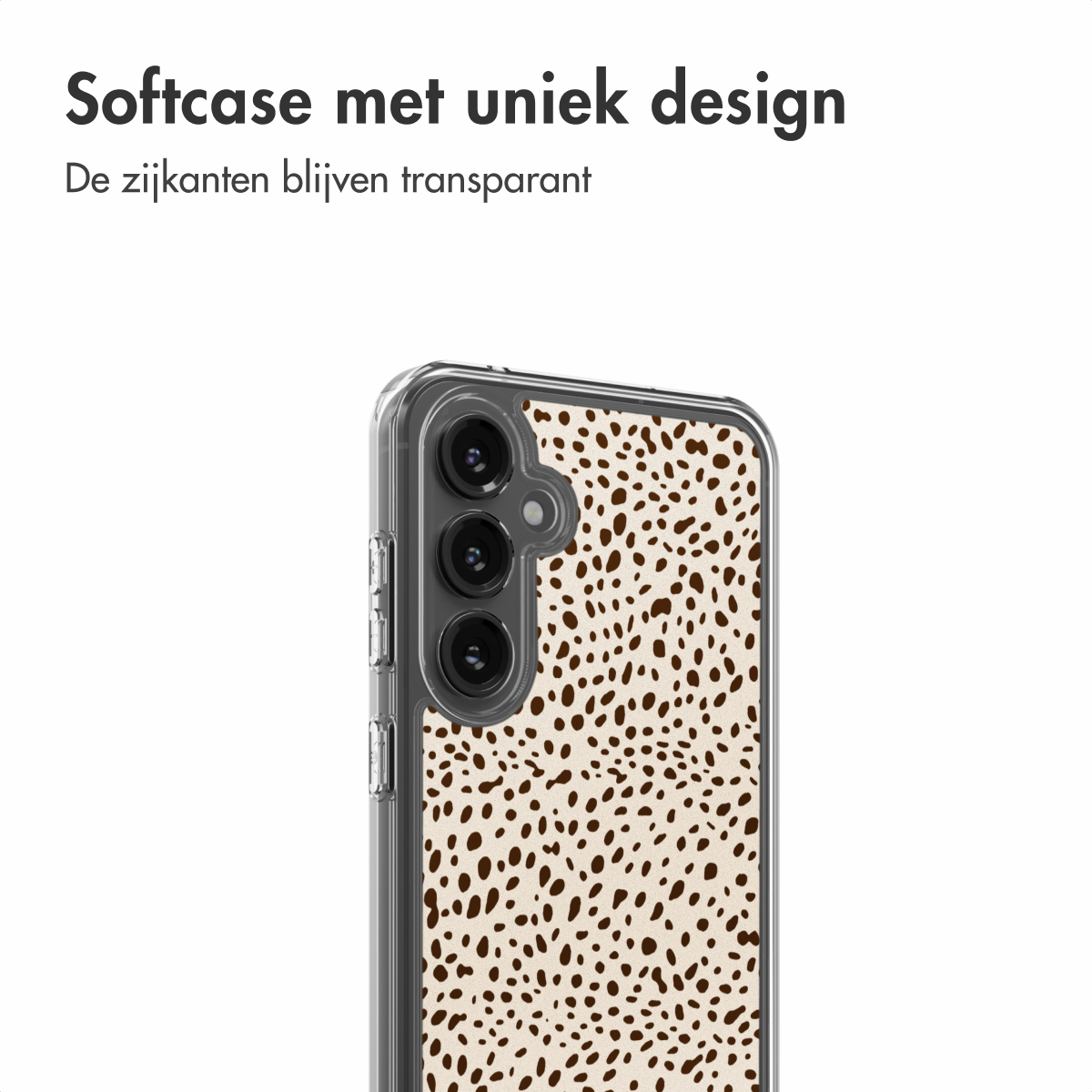 Een telefoonhoesje met een gevlekt patroon in bruin en beige. De hoes heeft een transparante rand en de cameralenzen zijn zichtbaar.