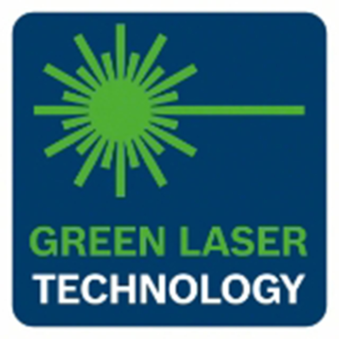 Yeşil lazer sembolü ve 'GREEN LASER TECHNOLOGY' yazısı yeşil ve beyaz renklerde olan mavi bir kare.