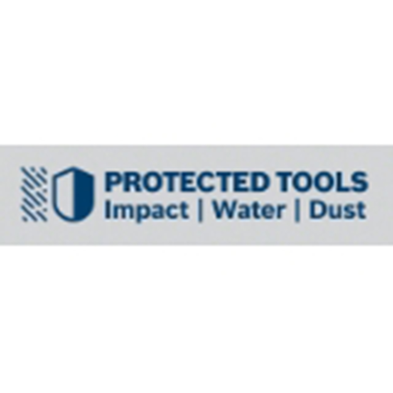 'PROTECTED TOOLS' ve 'Impact | Water | Dust' yazılı logo. Kalkan simgesi ve sol tarafta bir tasarım öğesi içerir.