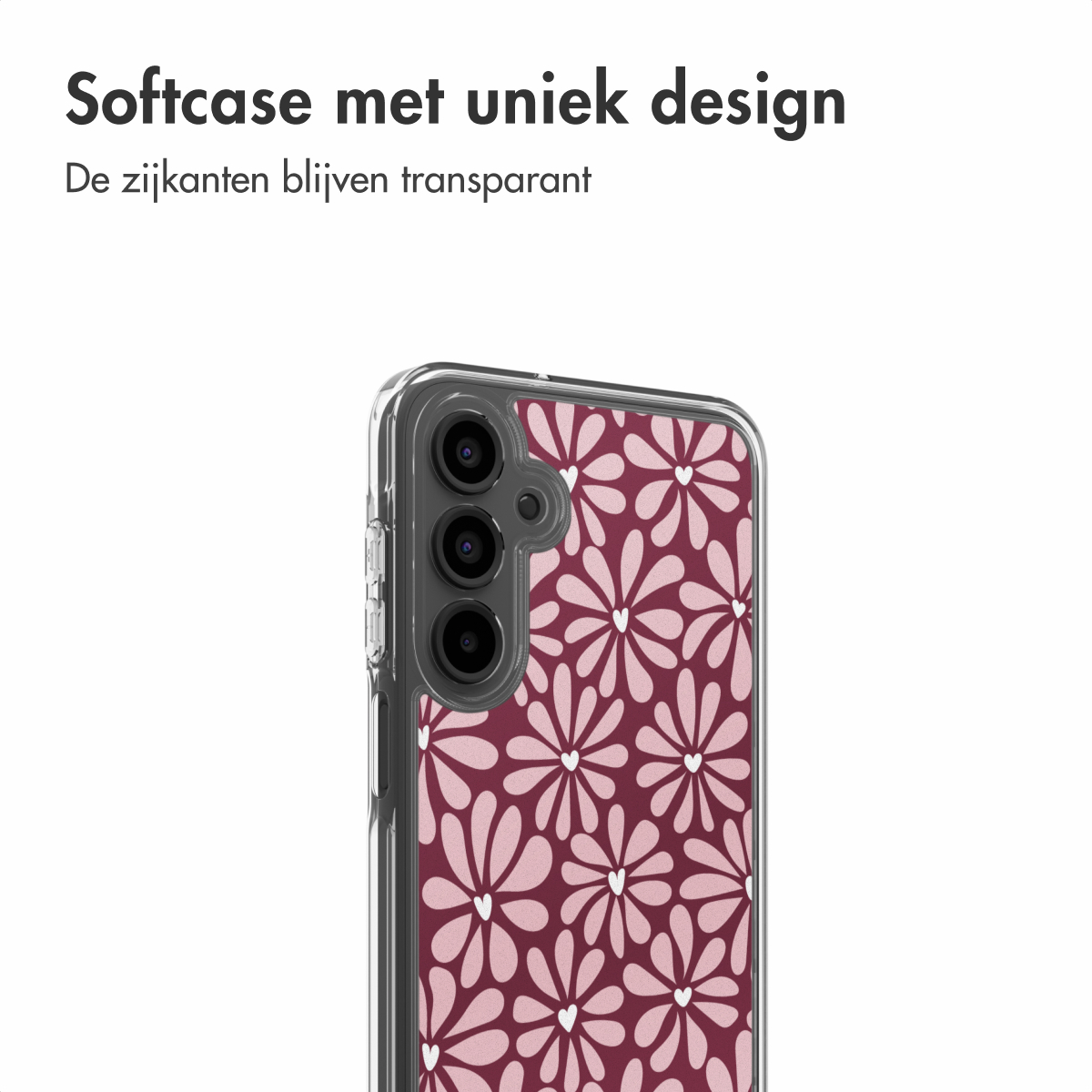 Transparante telefoonhoes met bloemenontwerp. Donkerrode achtergrond met lichtroze bloemen. De telefoon heeft drie camera's.