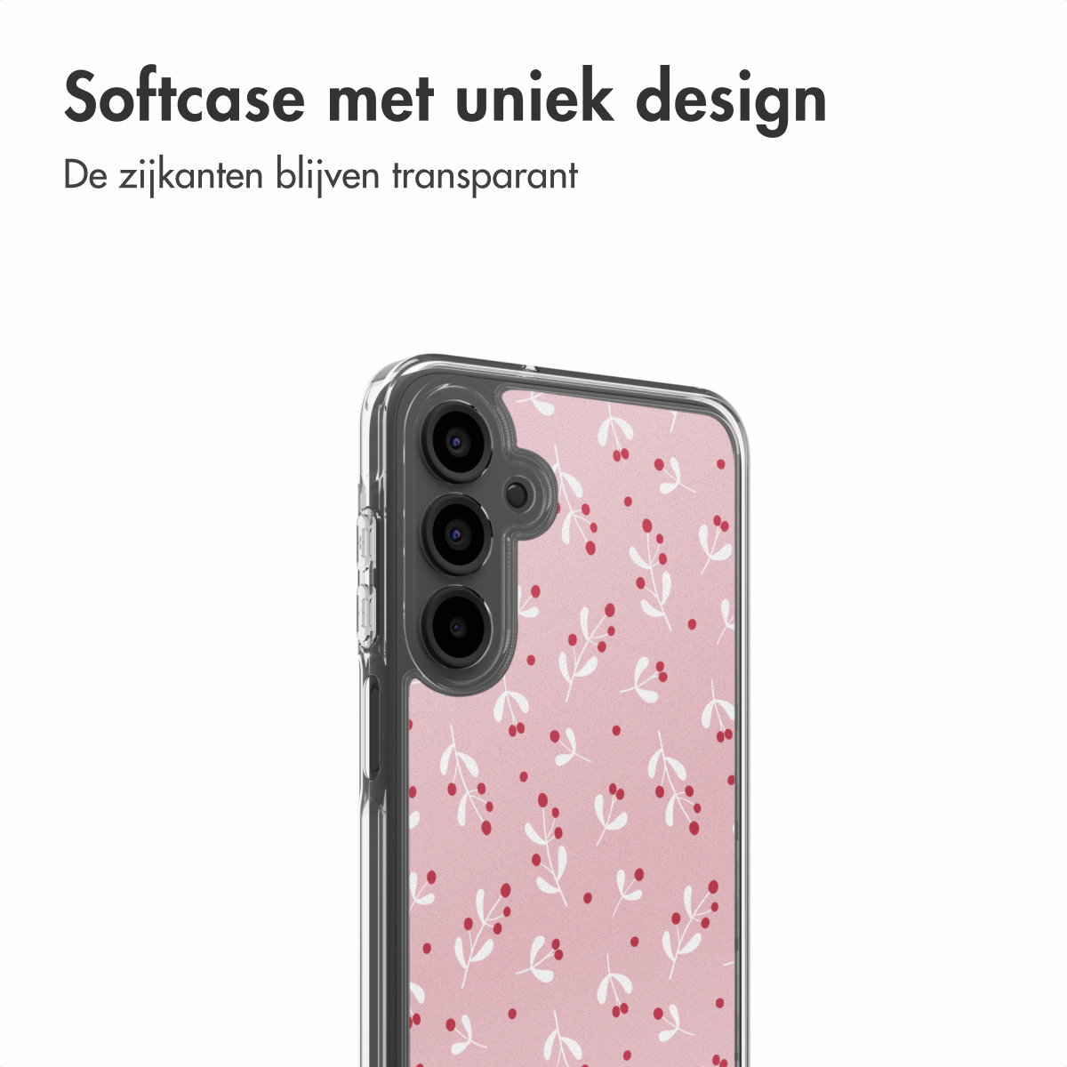 Une coque de téléphone avec un motif floral rose. Le téléphone a trois caméras. Les côtés de la coque sont transparents.