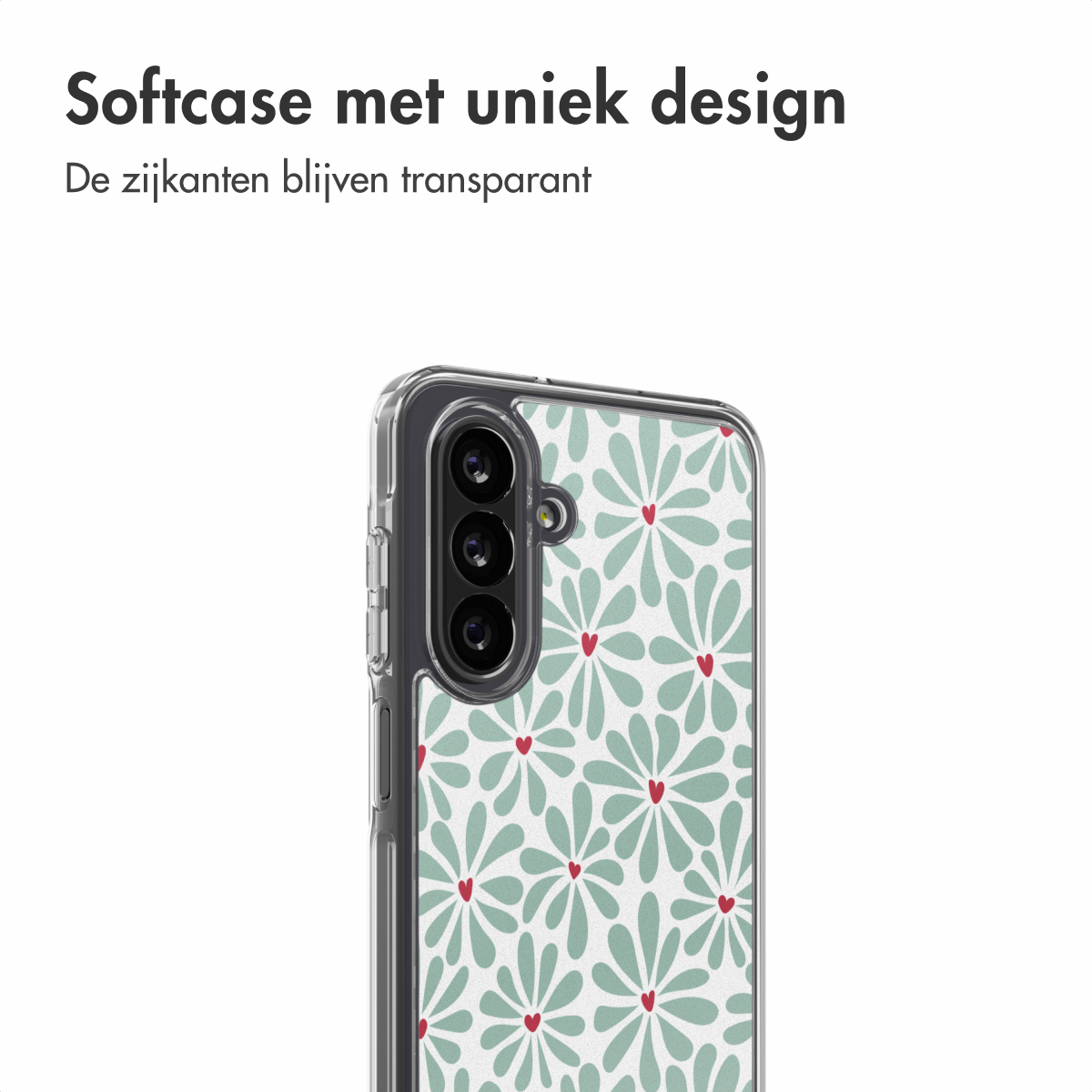 Een telefoonhoesje met een bloemenpatroon. De hoes is transparant met een ontwerp van groene bloemblaadjes met rode hartjes in het midden.