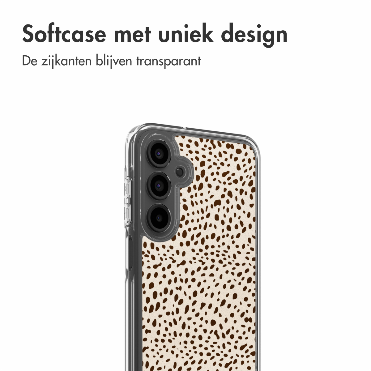 Une coque de téléphone au design unique, avec une bordure transparente et un motif beige à pois marron.