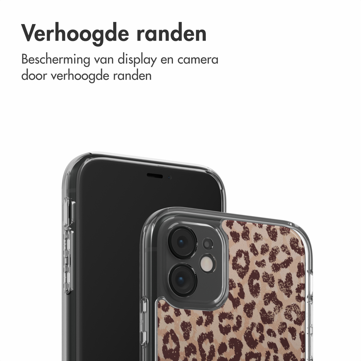 Deux smartphones, l'un avec une coque transparente, l'autre avec un imprimé léopard. Les coques mettent en évidence les bords surélevés.