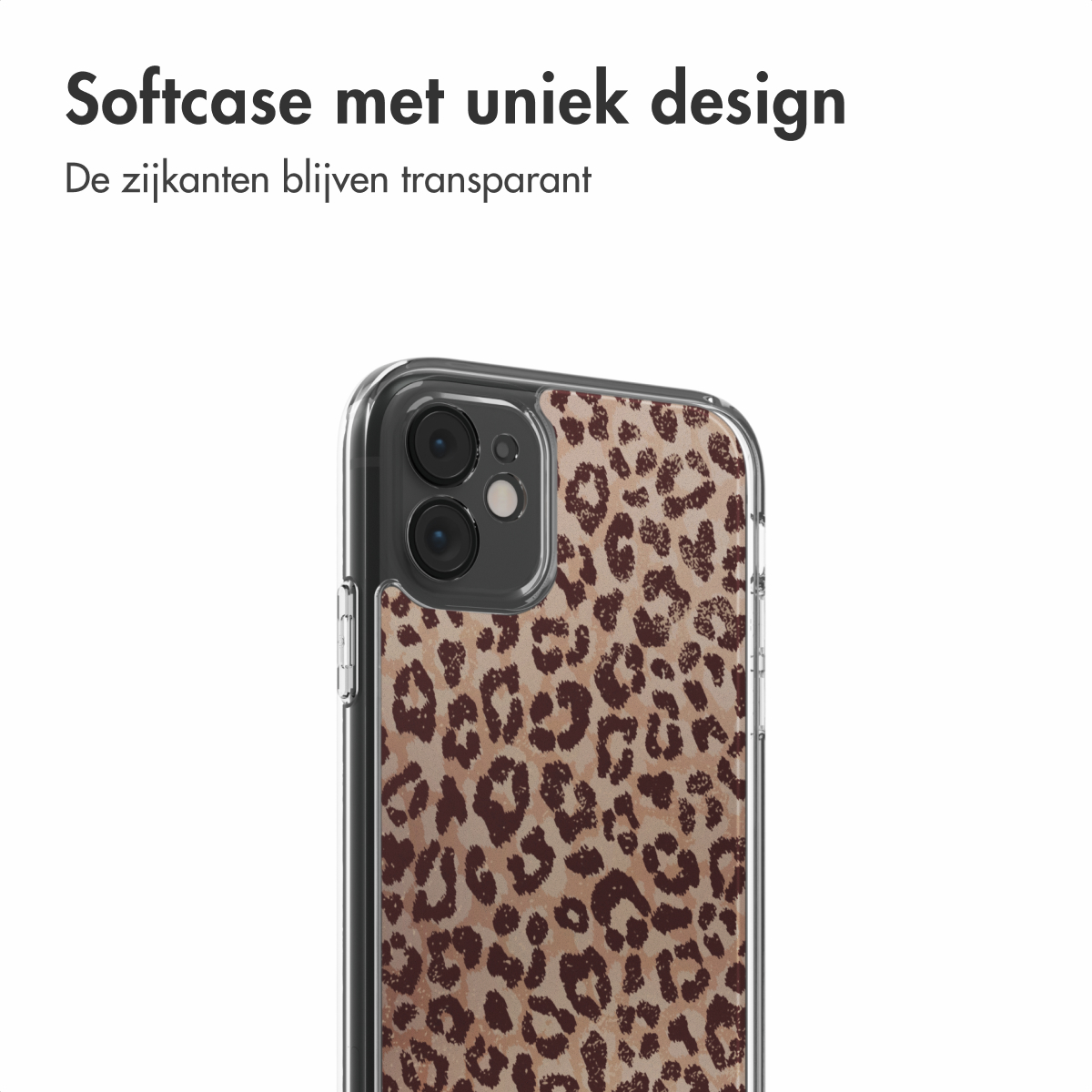 Gros plan sur une coque de téléphone avec un motif léopard. La coque est partiellement transparente, révélant l'appareil photo.
