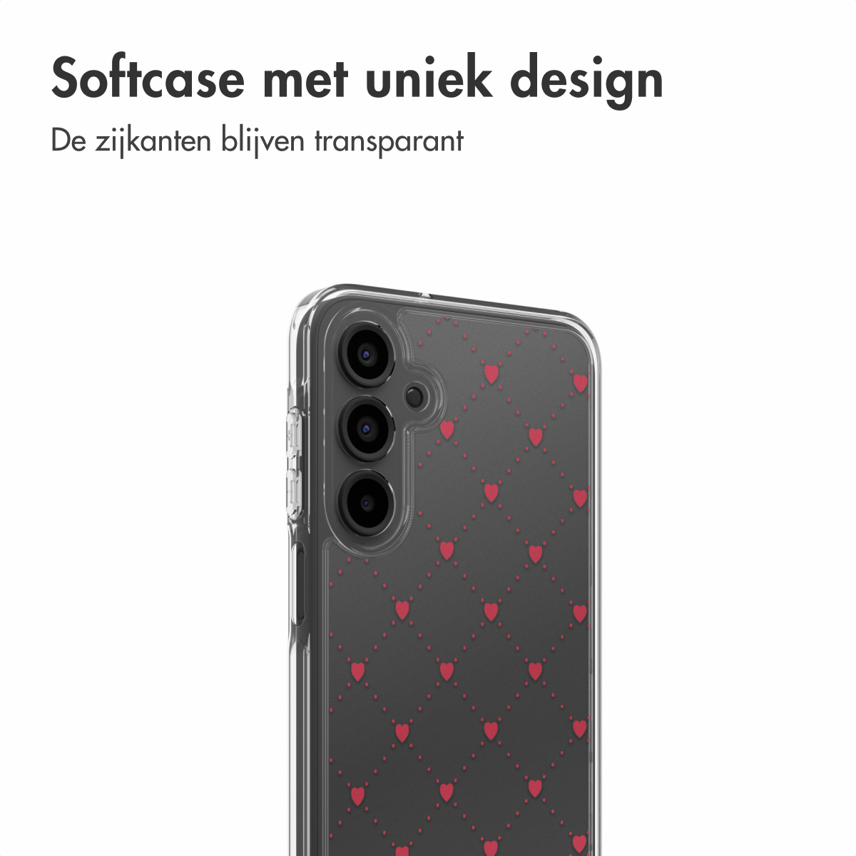 Een transparante telefoonhoes met rode harten op een donkere achtergrond. De hoes is transparant.