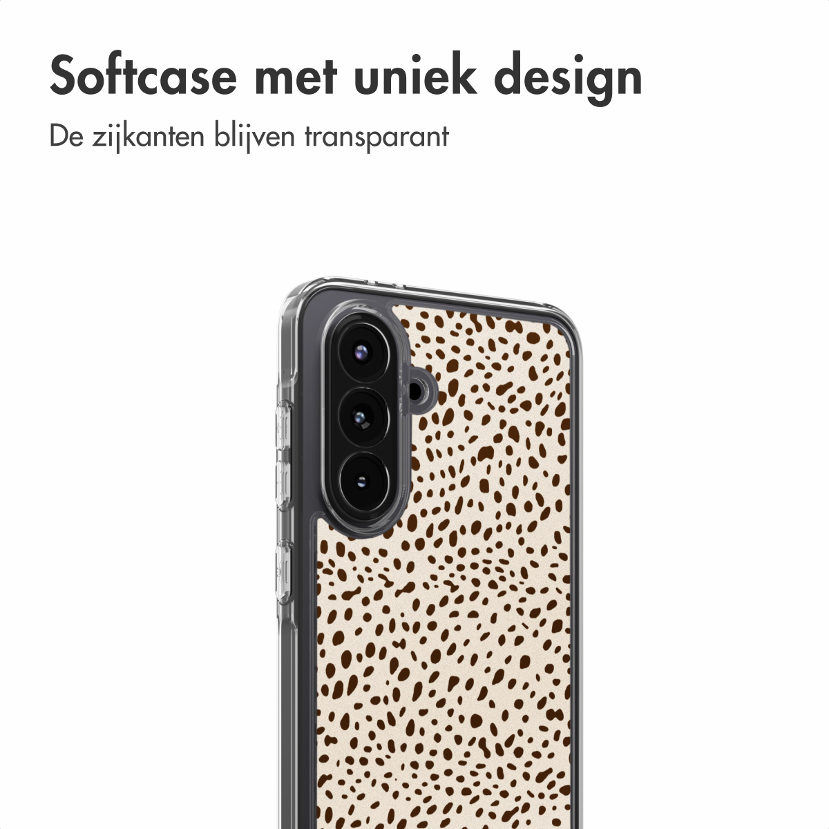 Een telefoonhoesje met een luipaardprint. De hoes is transparant met bruine vlekken op een beige achtergrond. De camera van de telefoon is zichtbaar.
