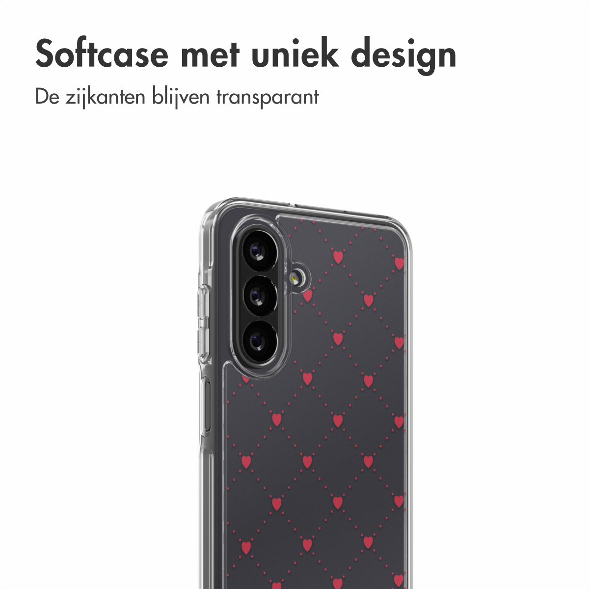 Transparante telefoonhoes met rood hartjespatroon op donkere achtergrond. Drie cameralenzen zichtbaar.