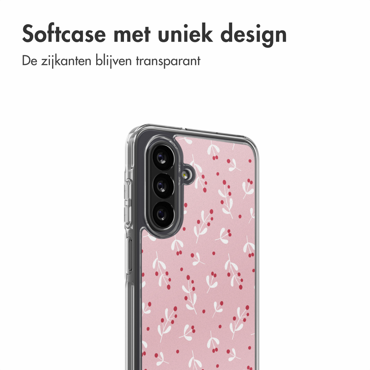 Een doorzichtige telefoonhoes met een roze bloemenpatroon wordt getoond. De hoes zit op een zwarte telefoon. De tekst bovenaan luidt 'Softcase met uniek design'.