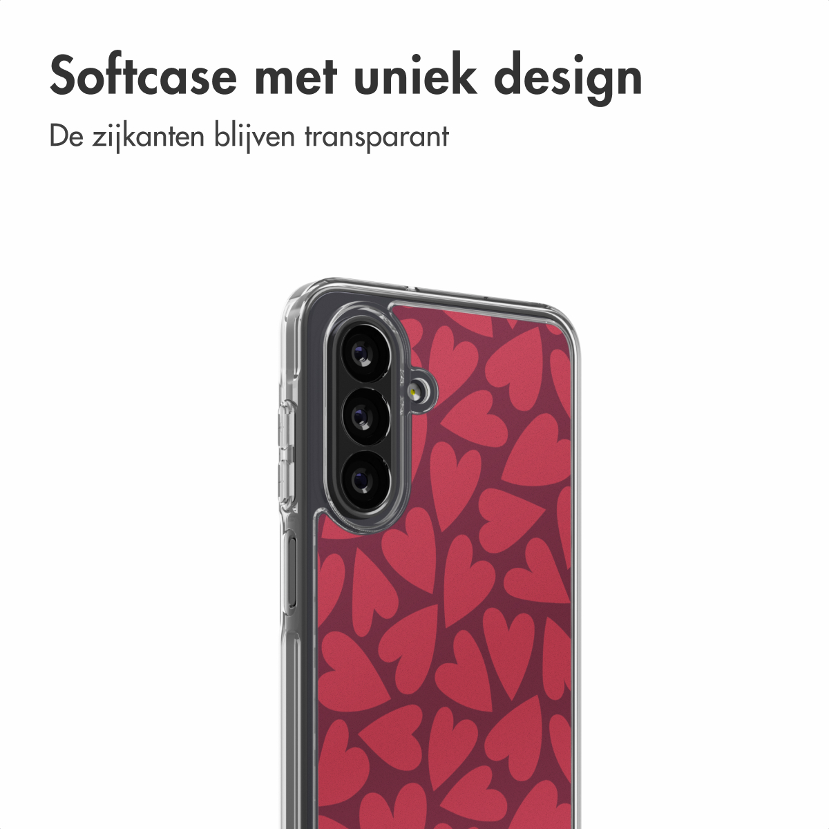 Een telefoonhoesje met een rood hartjespatroon. De randen van de hoes zijn transparant. De camera en knoppen van de telefoon zijn zichtbaar.