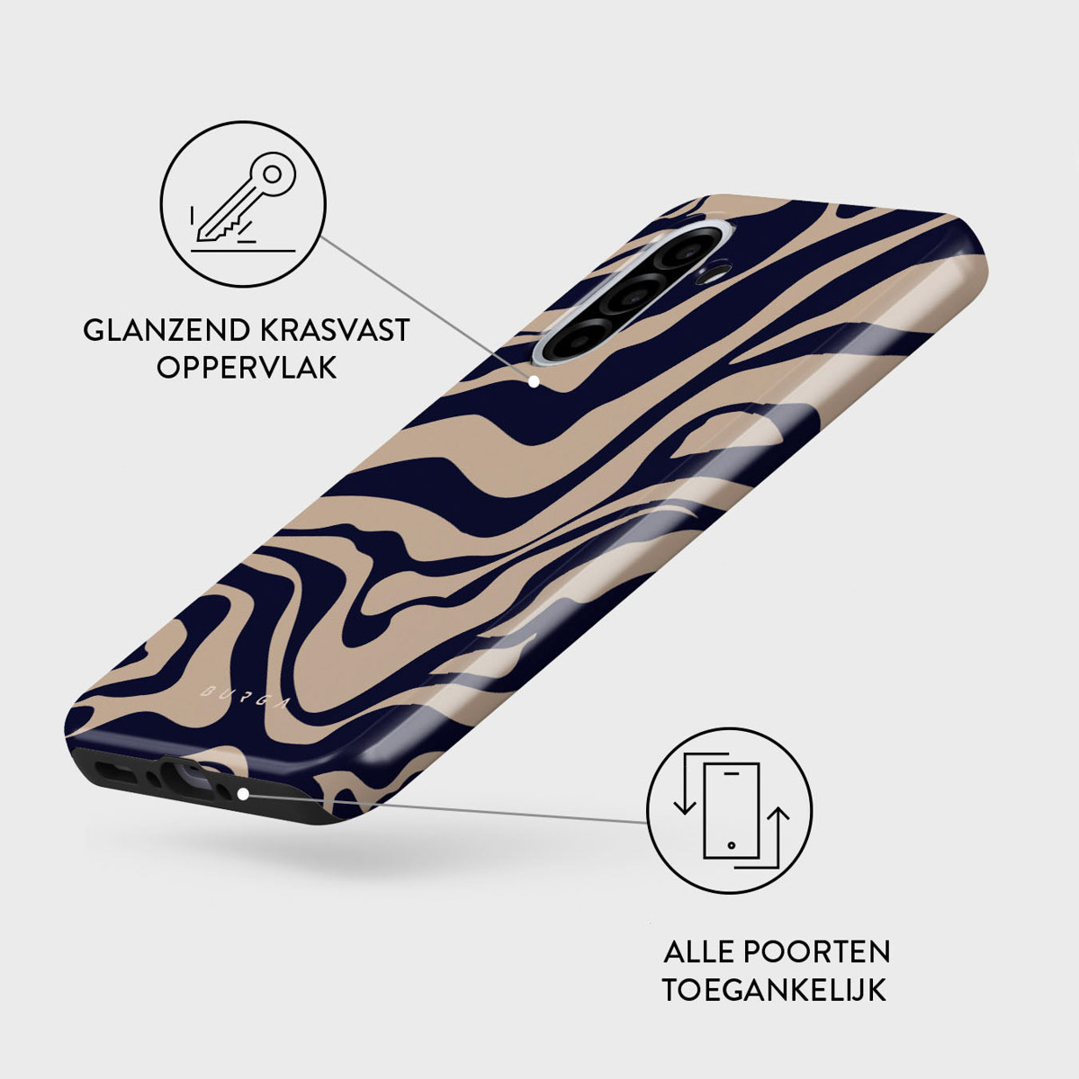 Een telefoonhoesje met een beige en marineblauwe wervelontwerp. De hoes is glanzend, met tekst en pictogrammen die functies aangeven.