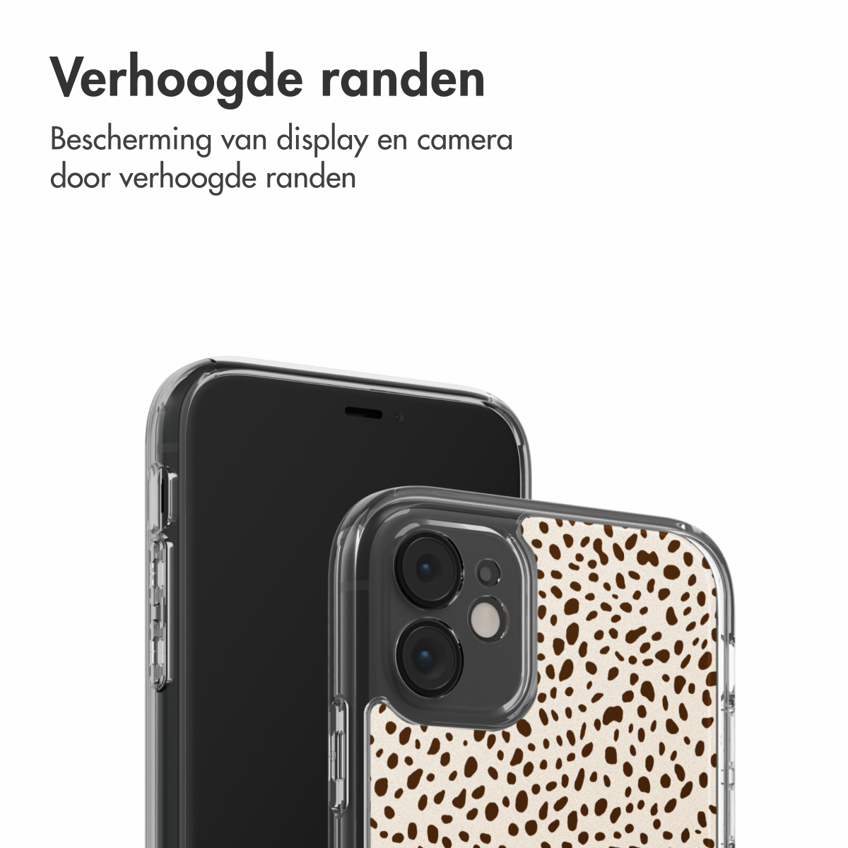 Deux smartphones avec des étuis de protection. Un noir, l'autre avec un motif tacheté marron et crème. Les deux ont des bords de protection transparents.