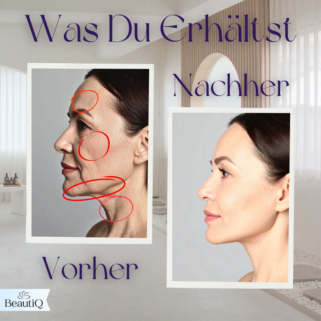 Vergleich des Seitenprofils einer Frau vor und nach der Behandlung, der reduzierte Falten und glattere Haut zeigt.