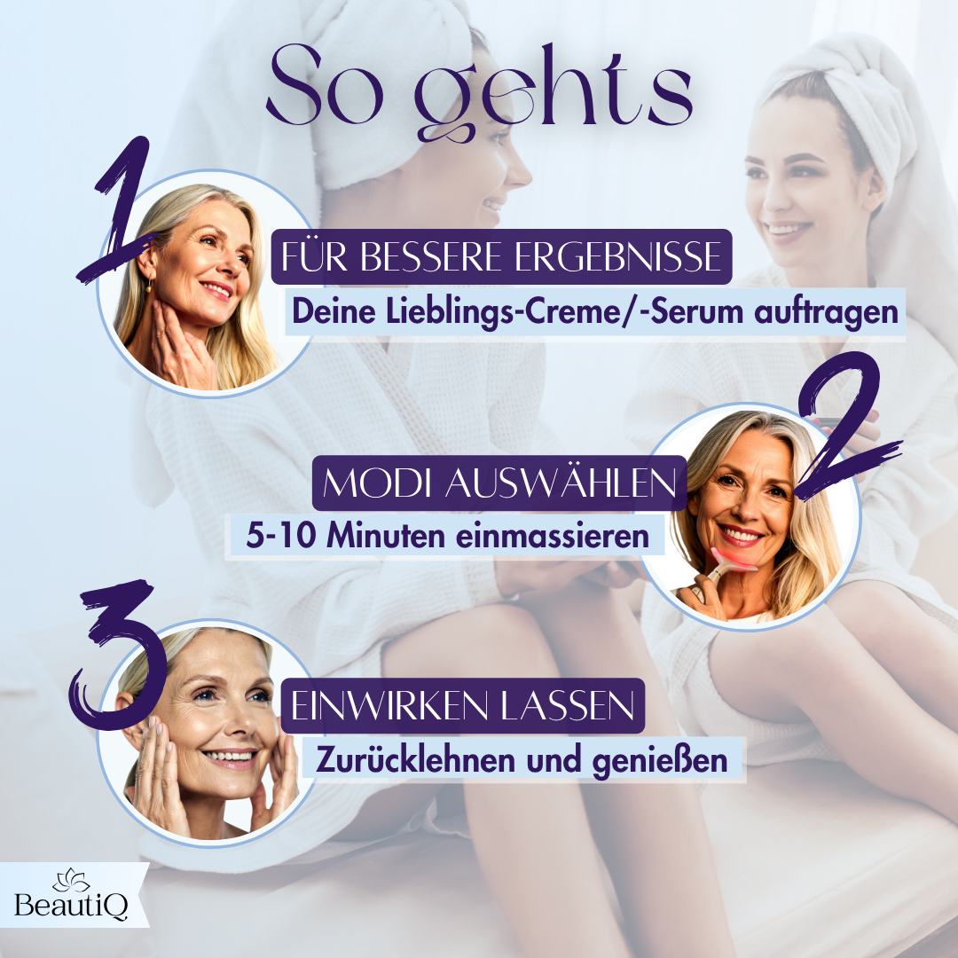 Das Bild zeigt Schritte zur Hautpflege: Creme auftragen, massieren und entspannen. Frauen in weißen Bademänteln werden mit Textanweisungen gezeigt.