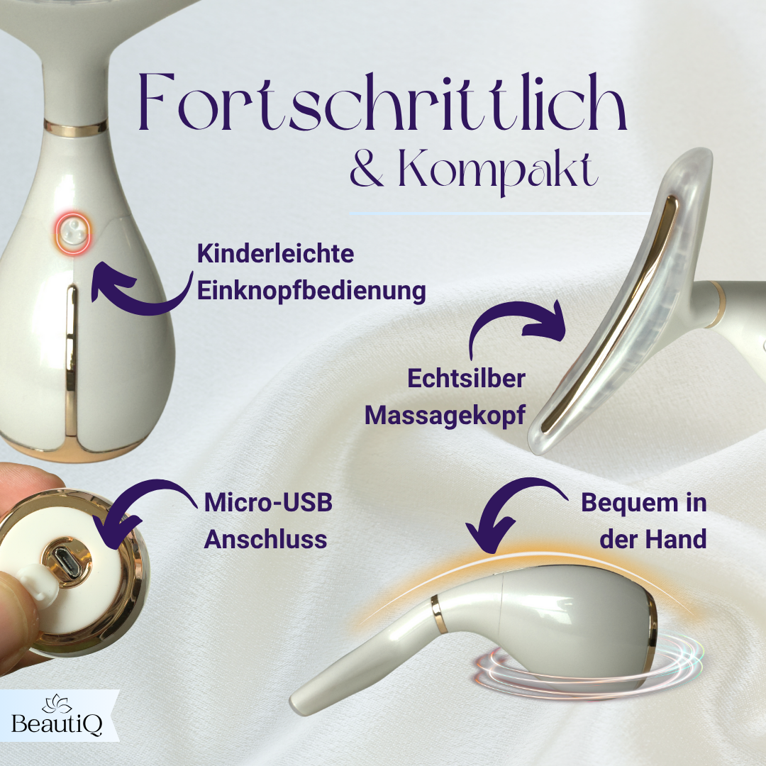 Das Bild zeigt ein weiß-goldenes Schönheitsgerät. Text hebt hervor: Ein-Knopf-Bedienung, Silber-Massagekopf, USB-Anschluss und komfortabler Griff.