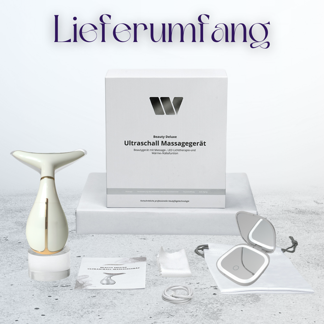Weißes Schönheitsgerät, Box, Spiegel und Zubehör auf einer Oberfläche. Text: 'Ultraschall Massagegerät'.