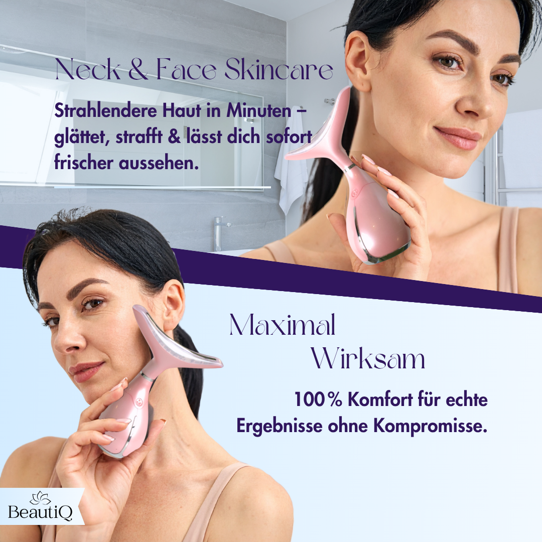Zwei Frauen benutzen ein rosa Hautpflegegerät. Der Text lautet 'Neck & Face Skincare' und enthält Marketingtext.