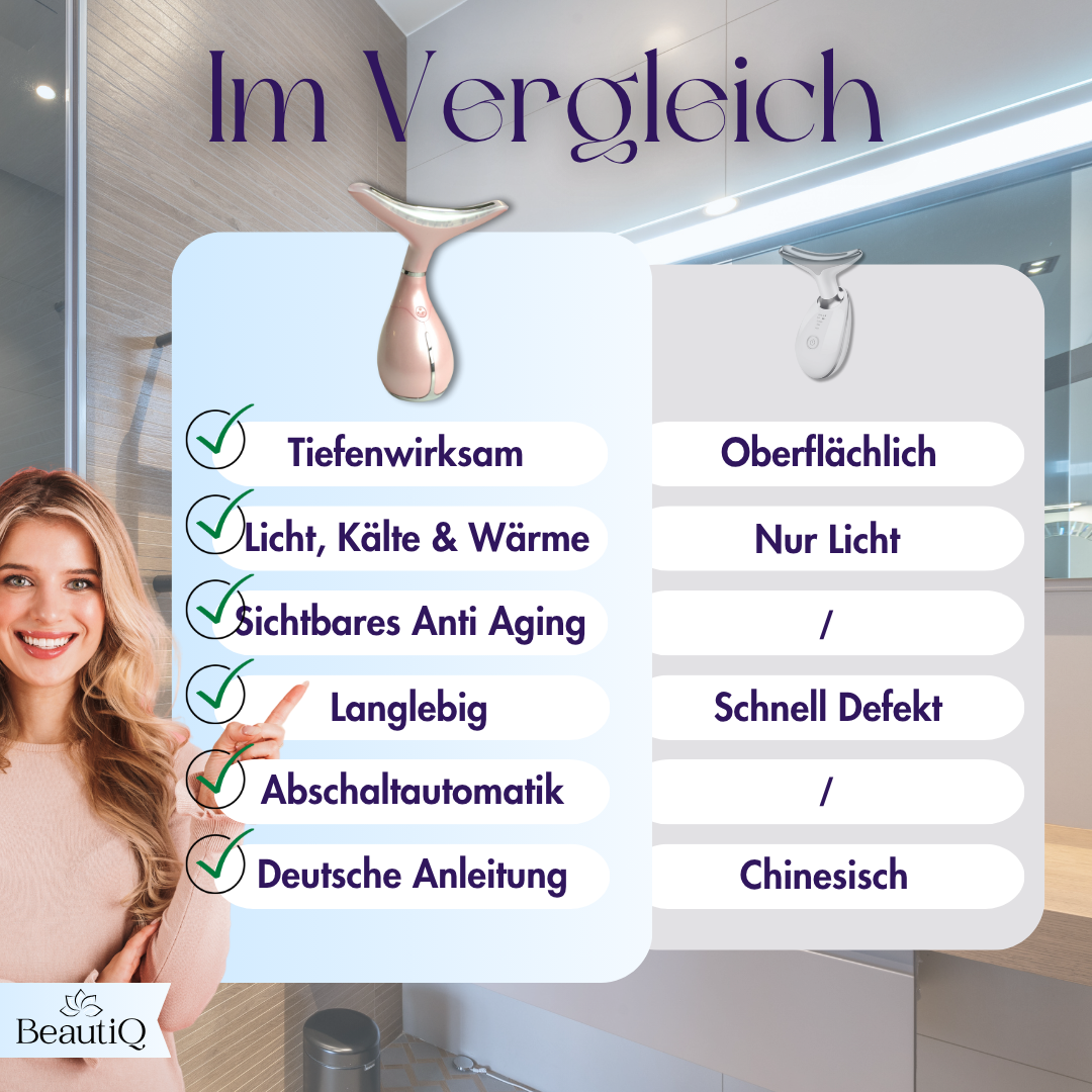 Eine Frau lächelt neben einer Vergleichstabelle eines Schönheitsgeräts. Die Tabelle listet Funktionen und vergleicht zwei Geräte.