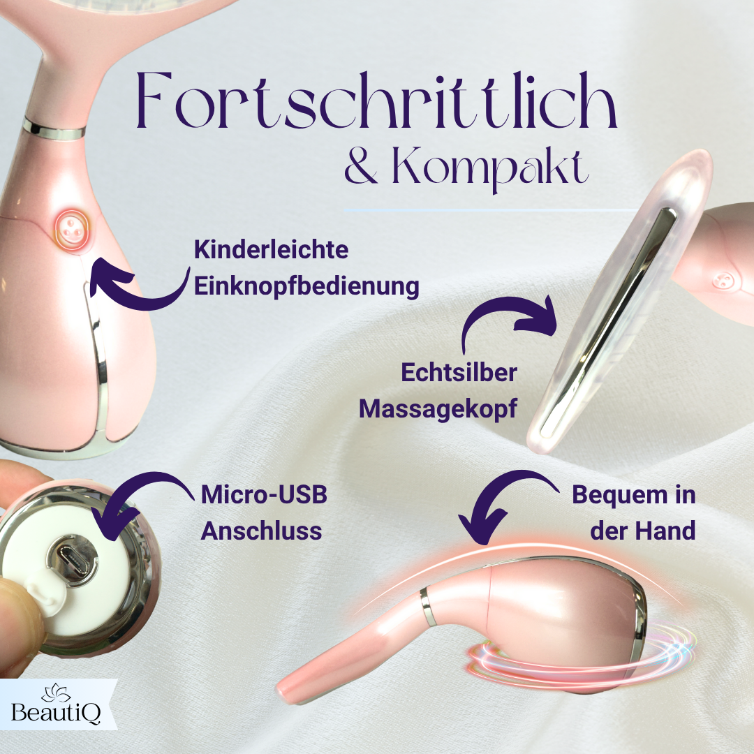 Ein pinkfarbenes und silberfarbenes Schönheitsgerät wird mit Etiketten gezeigt: Einknopfbedienung, Massagekopf, Micro-USB und Bequem in der Hand, vor weißem Tuch.
