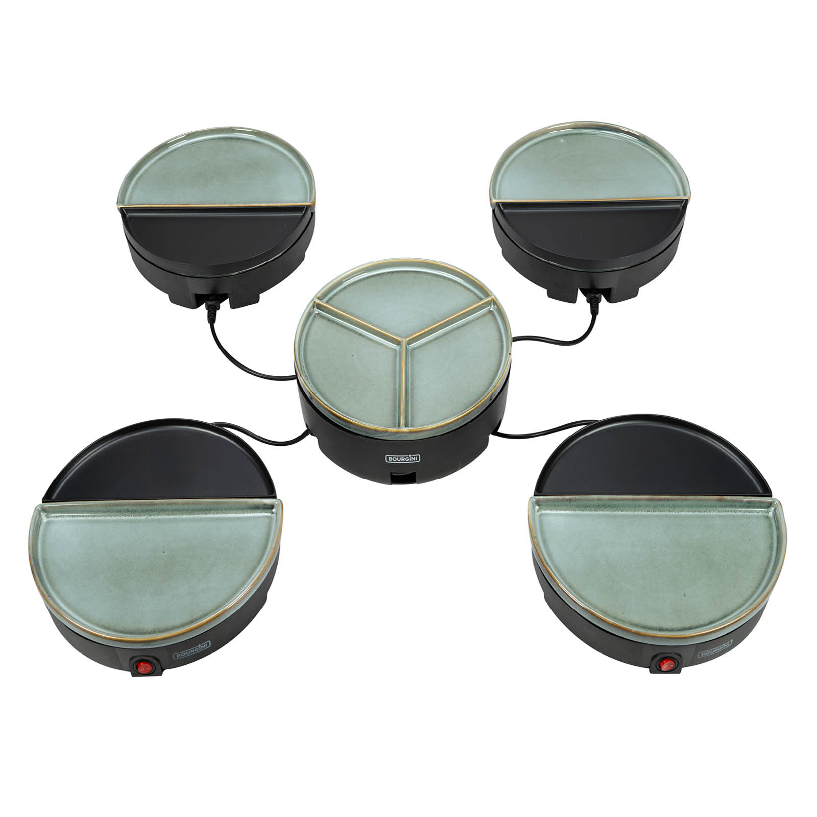 Ein Bourgini-Fondue-Set mit 5 verbundenen kreisförmigen Kochplatten, jede mit schwarzer Basis und grün glasierter Oberseite.