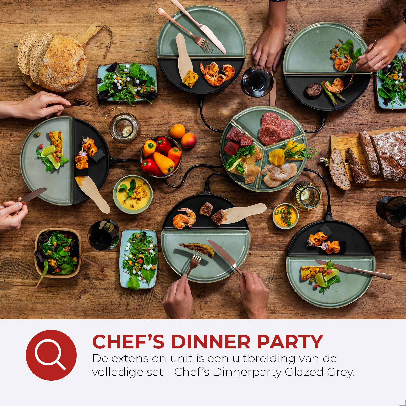 A dinner party with various dishes on individual plates. Includes bread, salads, meats, shrimp, and vegetables. People are reaching for food.