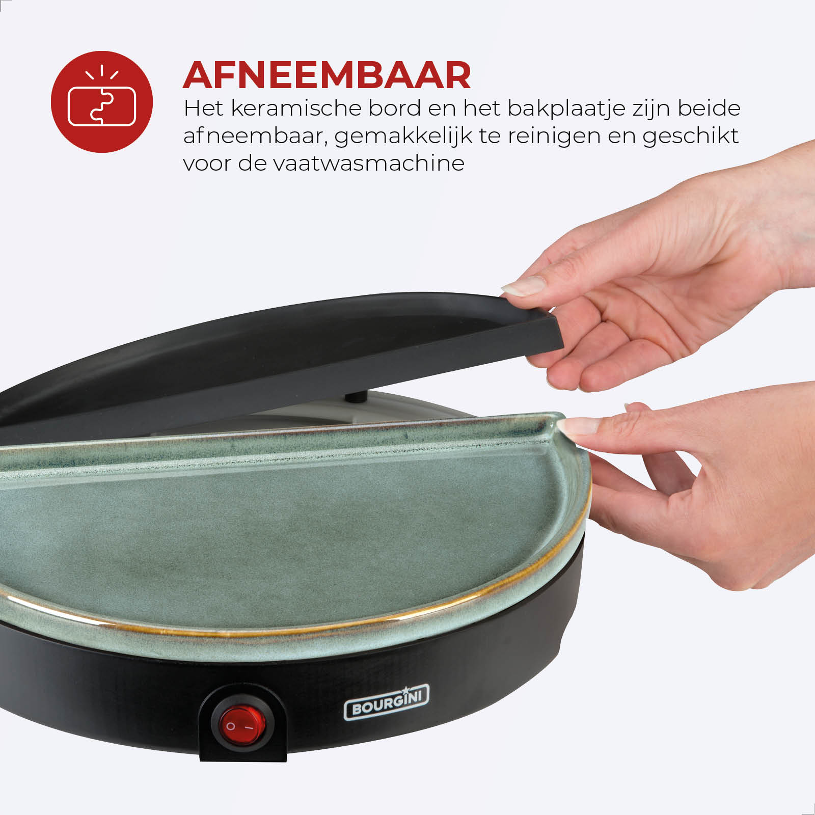 Hands removing a black lid from a green ceramic plate. The plate sits on a black base with a red power button.