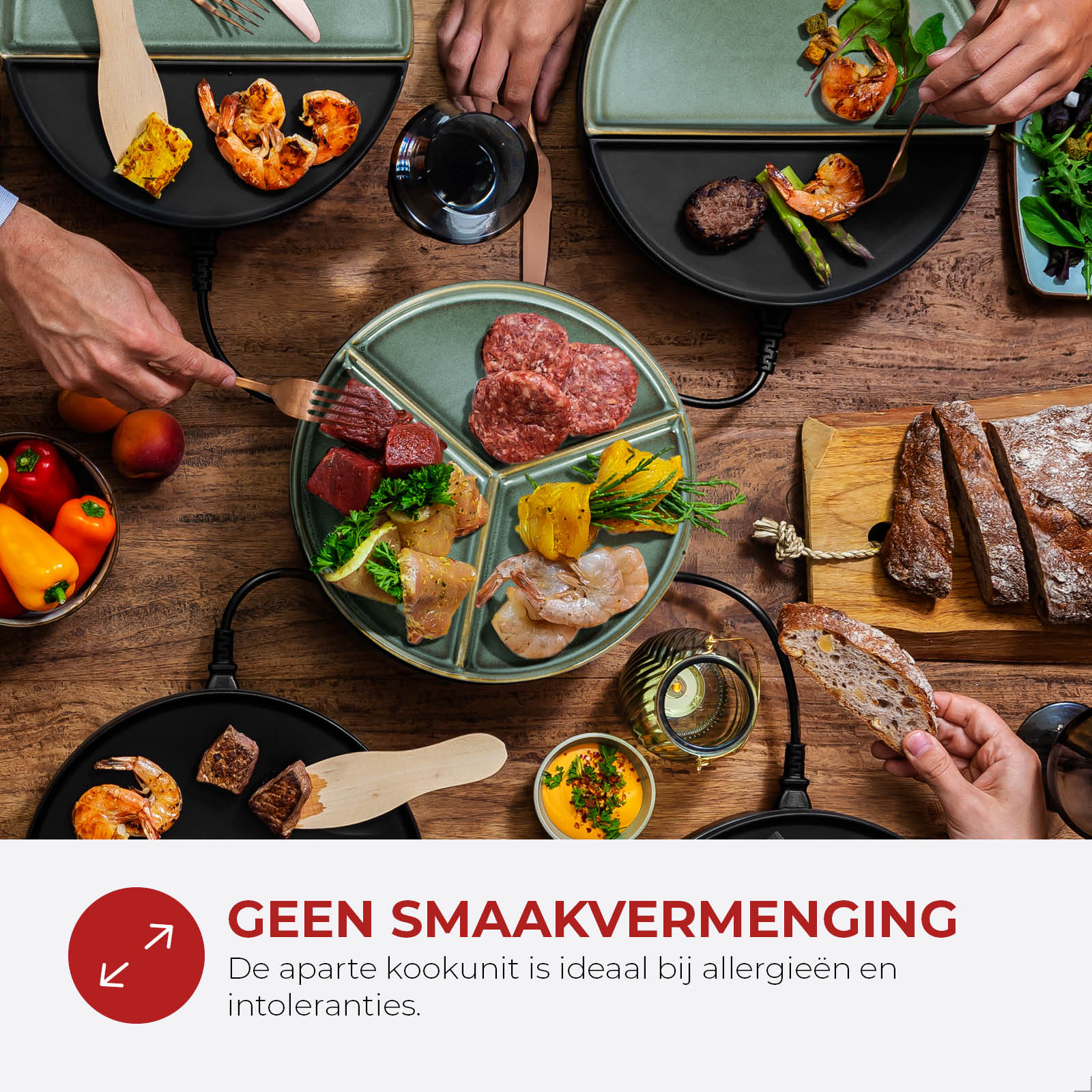A table setting with various foods, plates, and people. The food includes meat, shrimp, vegetables, and bread.