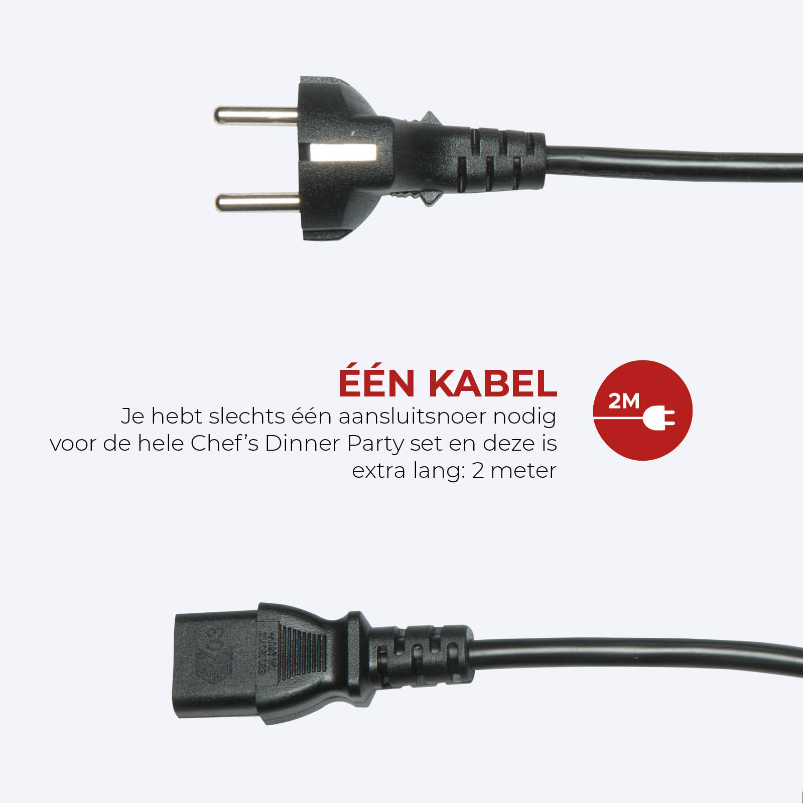 Black power cable with a plug and a socket. Text reads 'ONE CABLE' and '2M'.