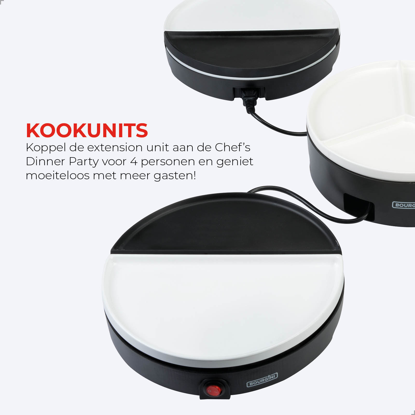 Image shows three black and white cooking units. Text says 'KOOKUNITS' and a description in Dutch.