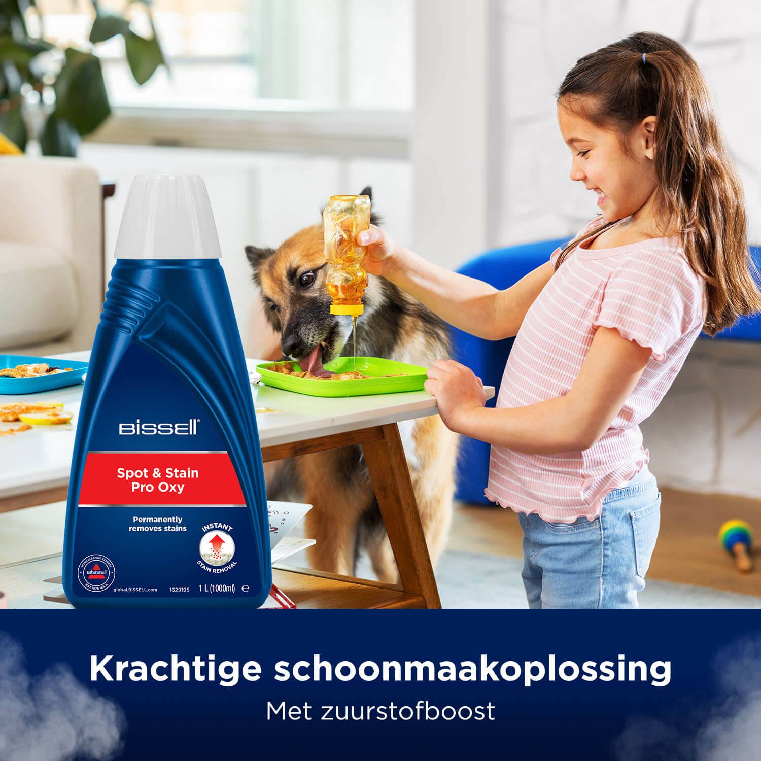A girl pours honey onto a plate for a dog. A Bissell Spot & Stain Pro Oxy bottle is in the foreground. Text at the bottom.
