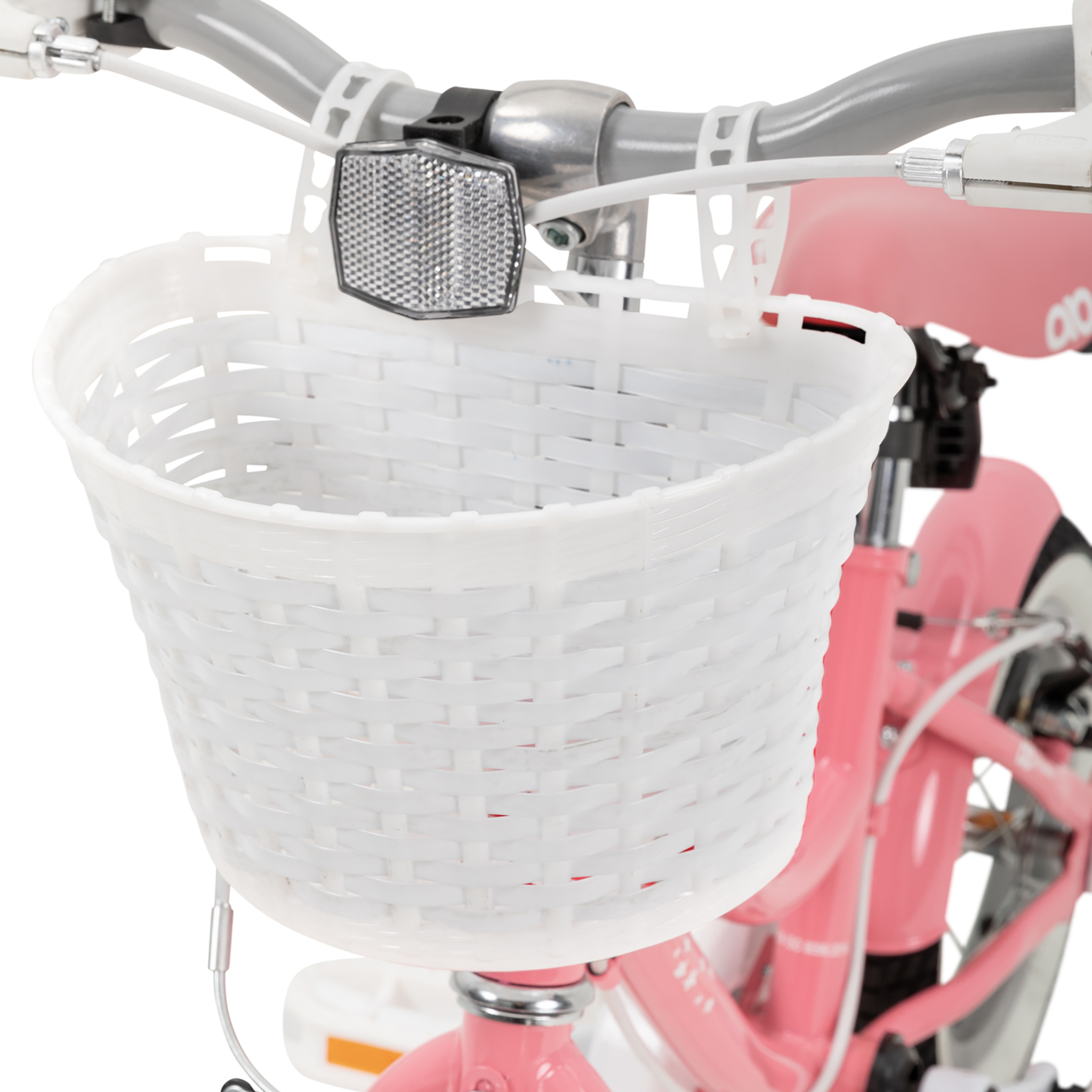 Rosa Fahrrad mit weißem Korb. Merkmale sind Reflektoren, Lenker und ein rosa Rahmen. Ideal für Kinder.