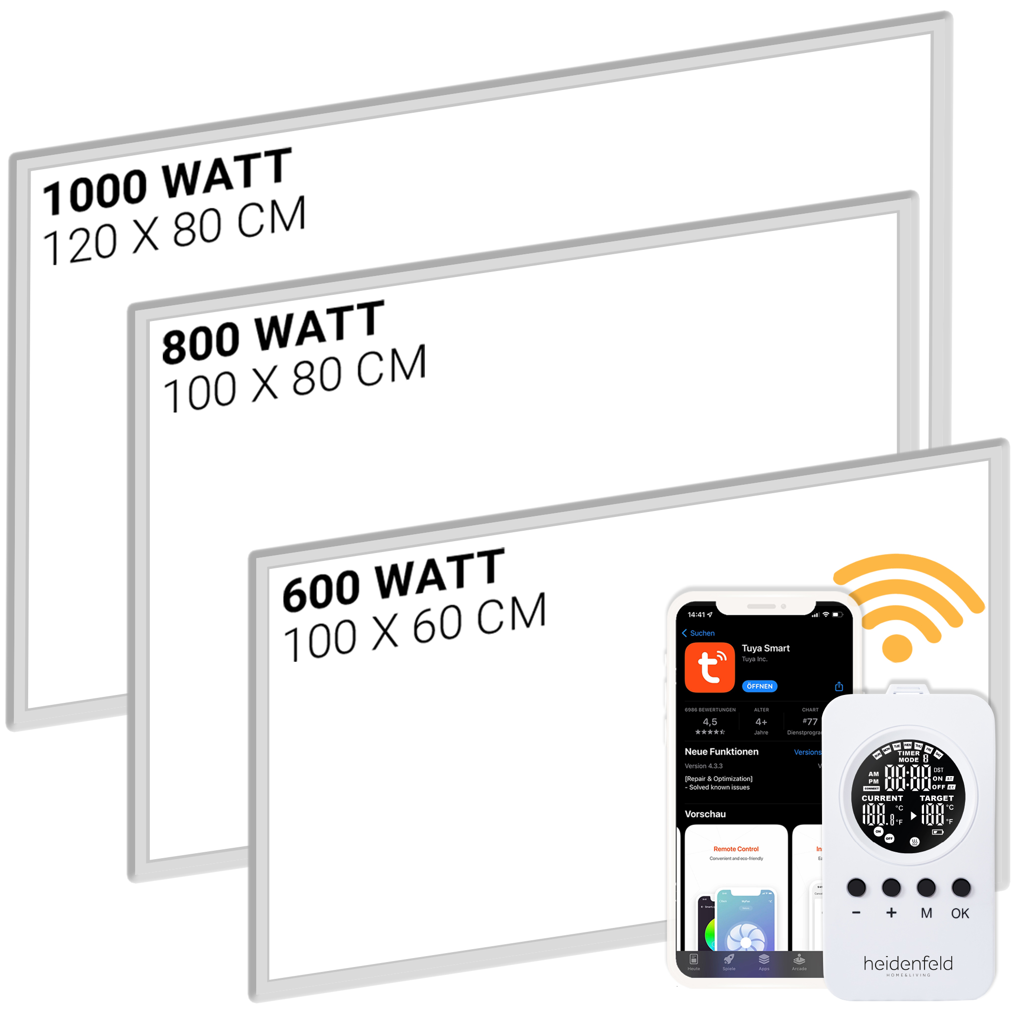 Weiße Paneele mit Text, Telefon mit App und Gerät. Größen: 120x80cm, 100x80cm, 100x60cm. Digitalanzeige.